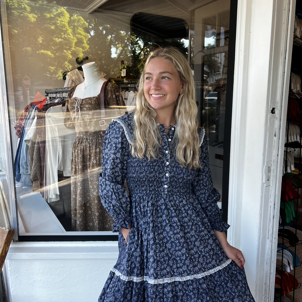 In Loom indigo smocked Doll collar mini dress